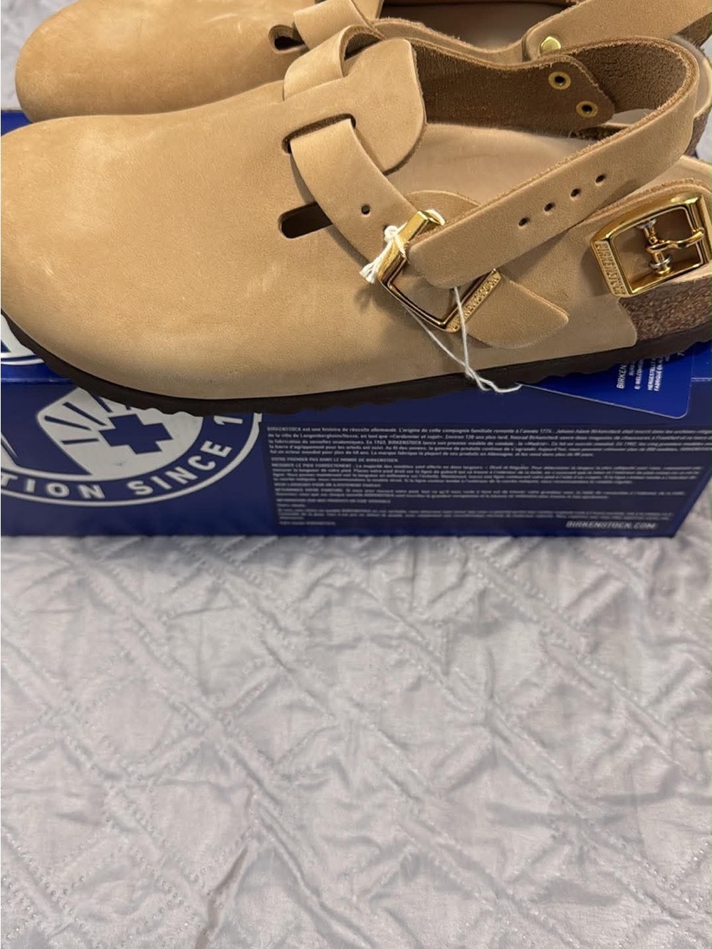Birkenstock Tan Suede Slingback Clogs with Gold Buckle